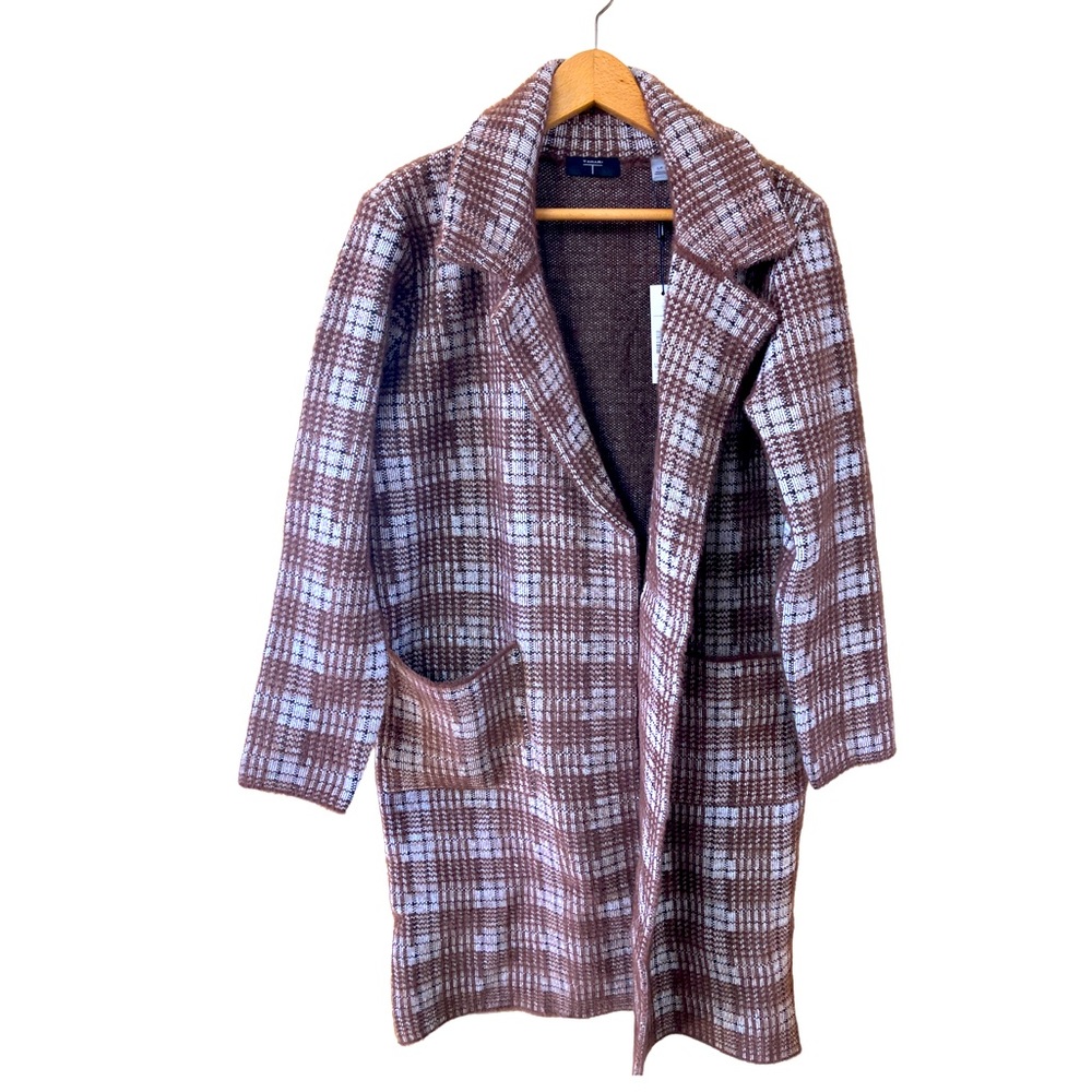 Tahari Open Front Knit Coatigan Small Coffee Brown Plaid Long Cardigan Sweater